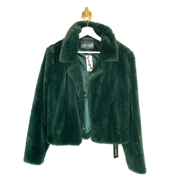 Streetwear | Blank NYC Faux Fur Jacket | Deep Emerald Green Teal Maximalist Crop - Picture 1 of 9